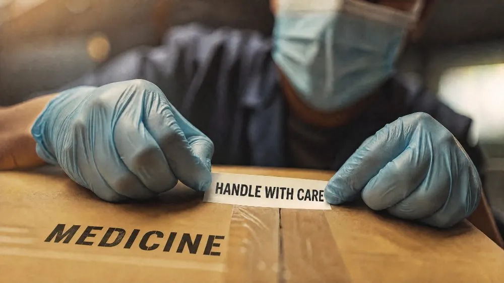 Gloved hands sealing a carton of donated medicine