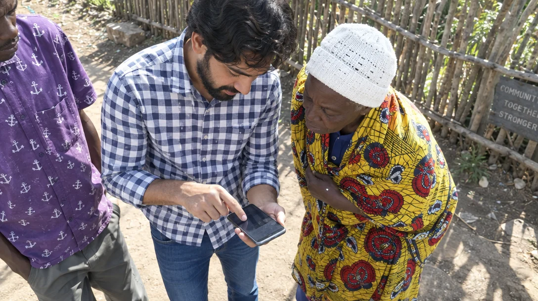 A field worker and a community member reviewing information on a phone